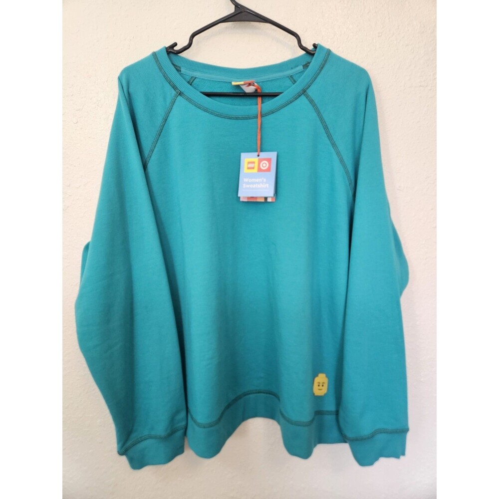 LEGO Teal Terry Pullover Sweatshirt Women 1X Plus Cotton Blend Embroidered Logo
